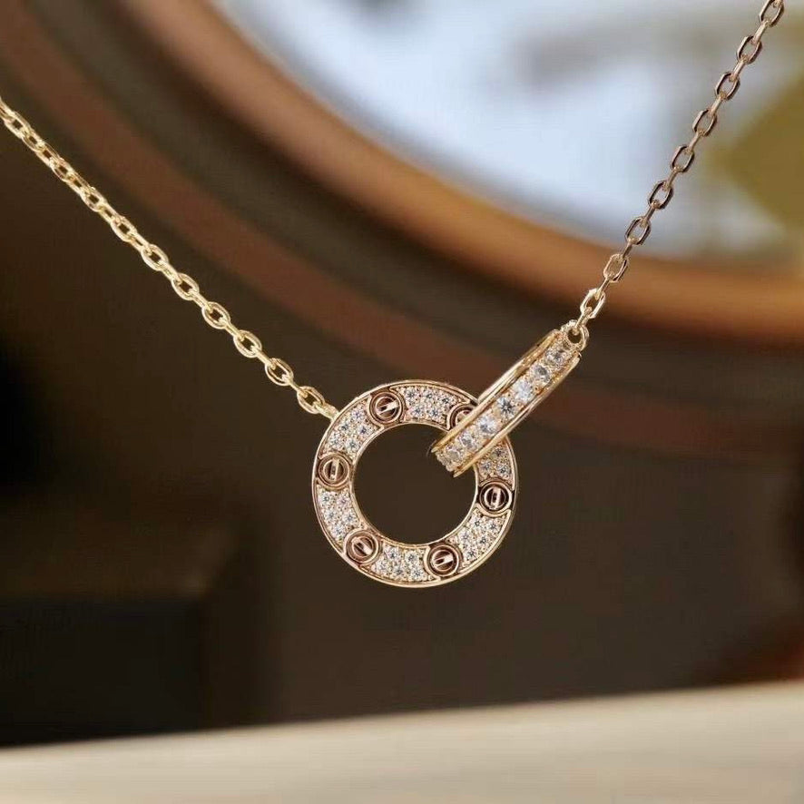 CARTIER LOVE 7.6MM NECKLACE ROSE GOLD AND SILVER FULL DIAMOND