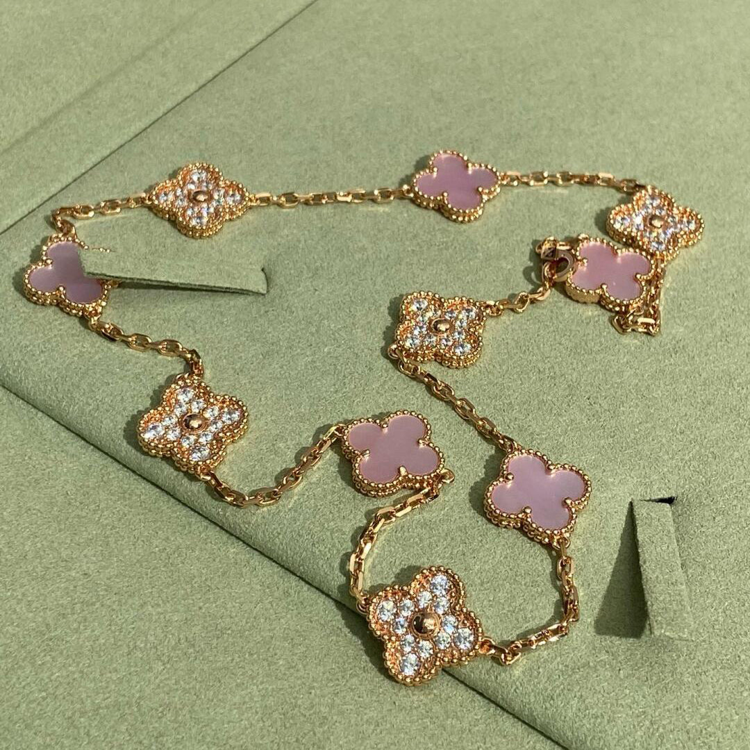VCA CLOVER 10 MOTIFS DIAMOND PINK MOP NECKLACE