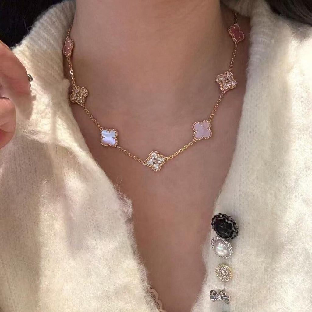 VCA CLOVER 10 MOTIFS DIAMOND PINK MOP NECKLACE