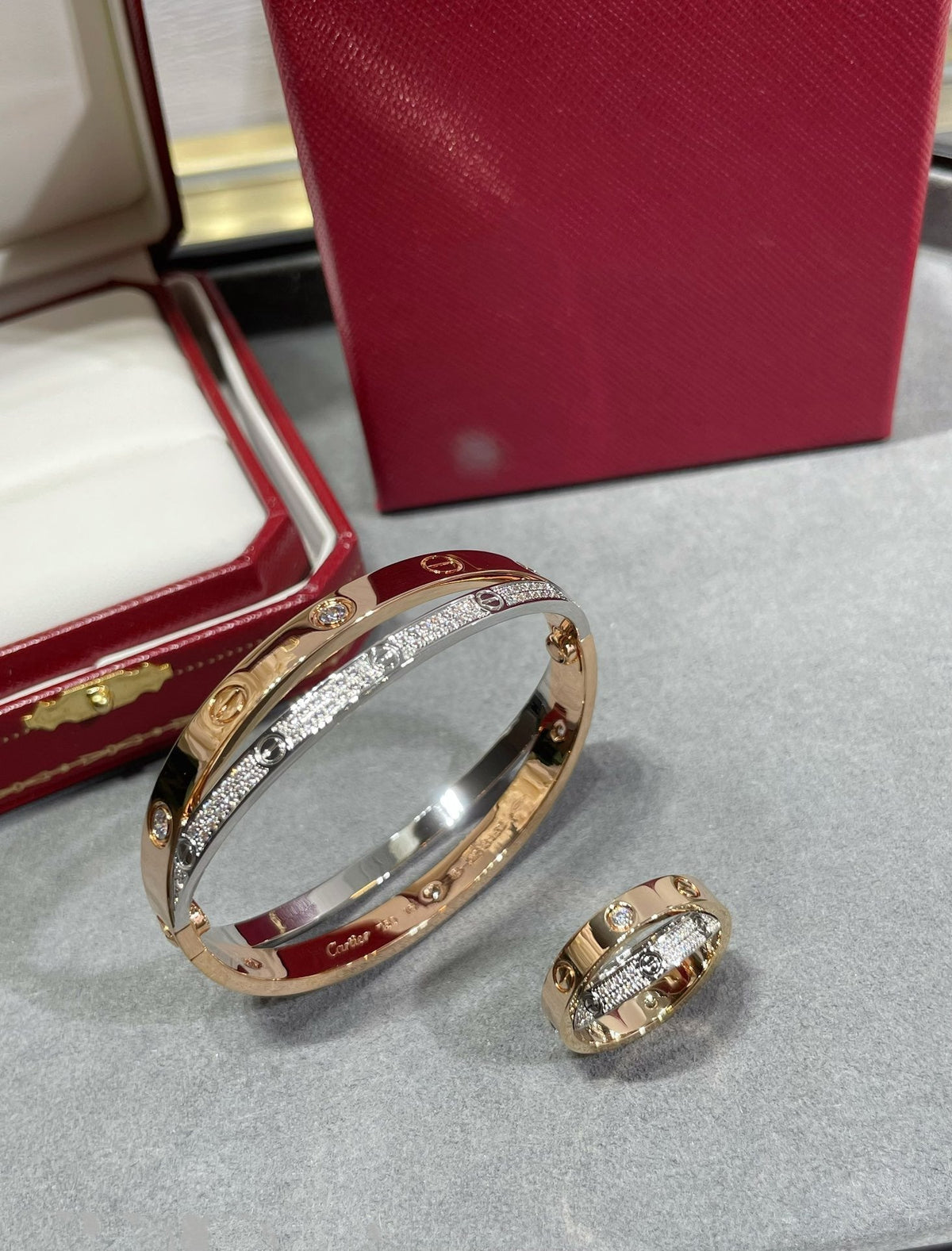 CARTIER LOVE PINK GOLD SILVER DIAMOND DOUBLE RING