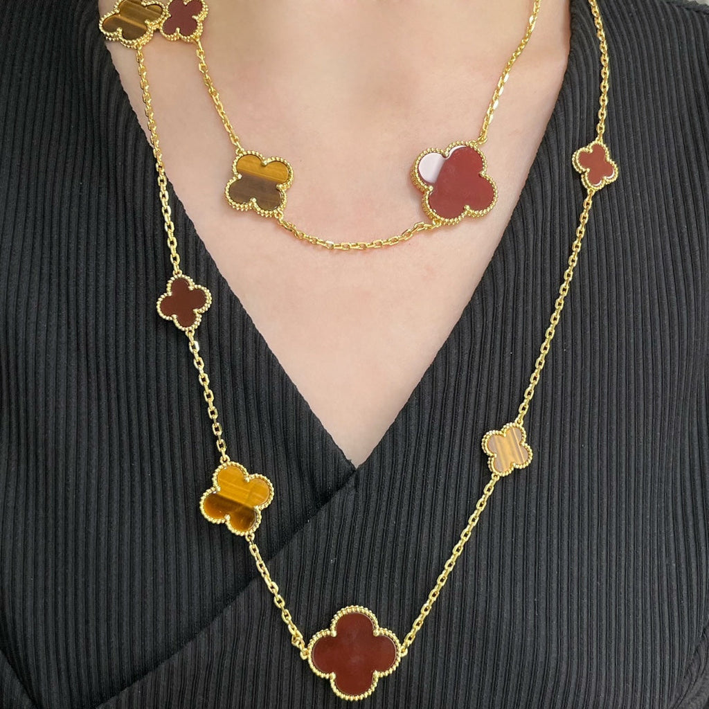 VCA CLOVER 16 MOTIF CARNELIAN TIGER EYE ROSE GOLD NECKLACE