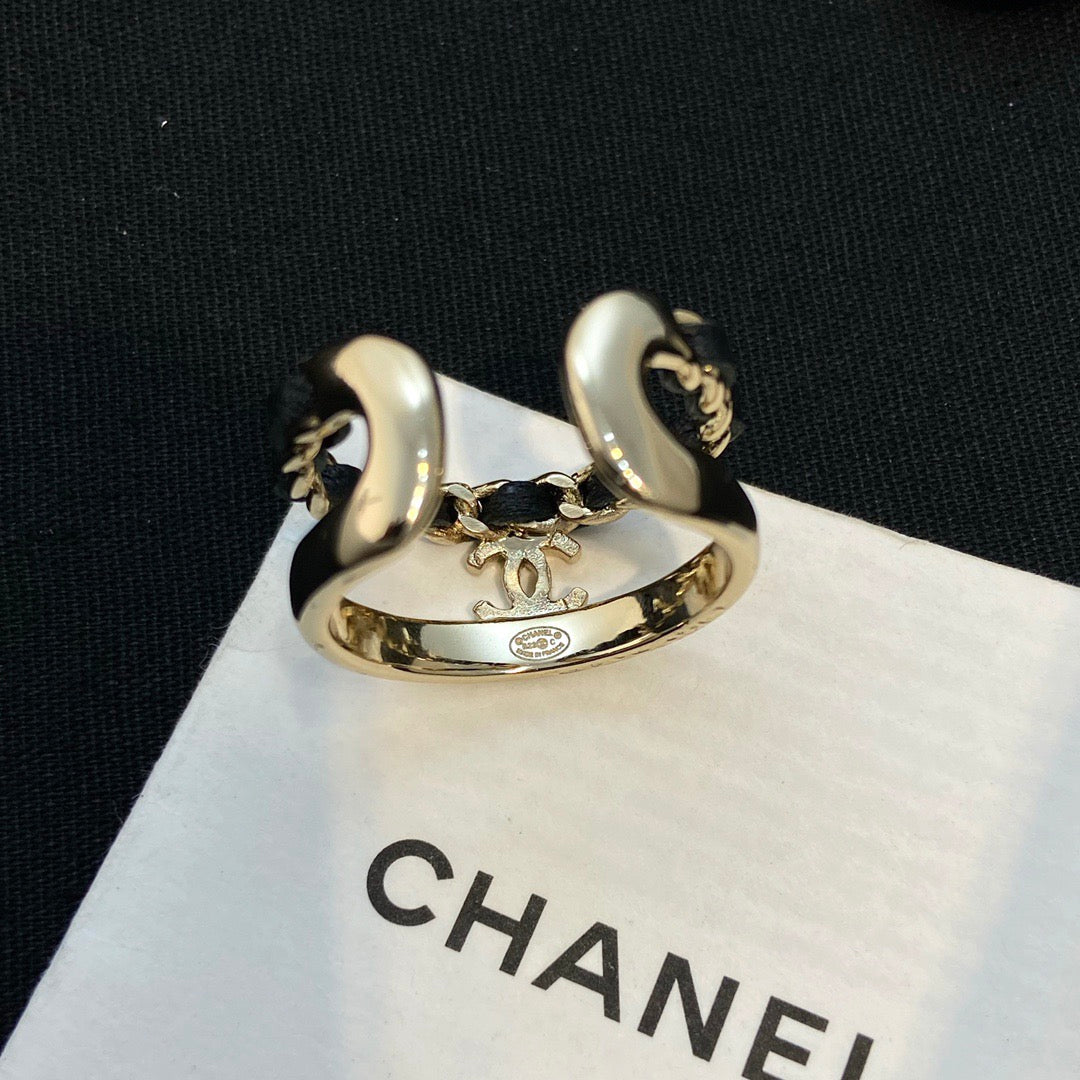 Chanel Black Leather Open End Ring