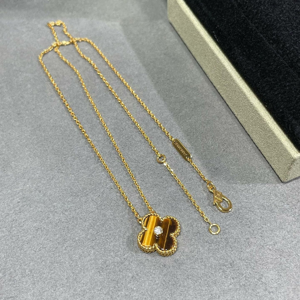 VCA CLOVER 15MM DIAMOND AND YELLOW TIGER'S EYE AGATE necklace