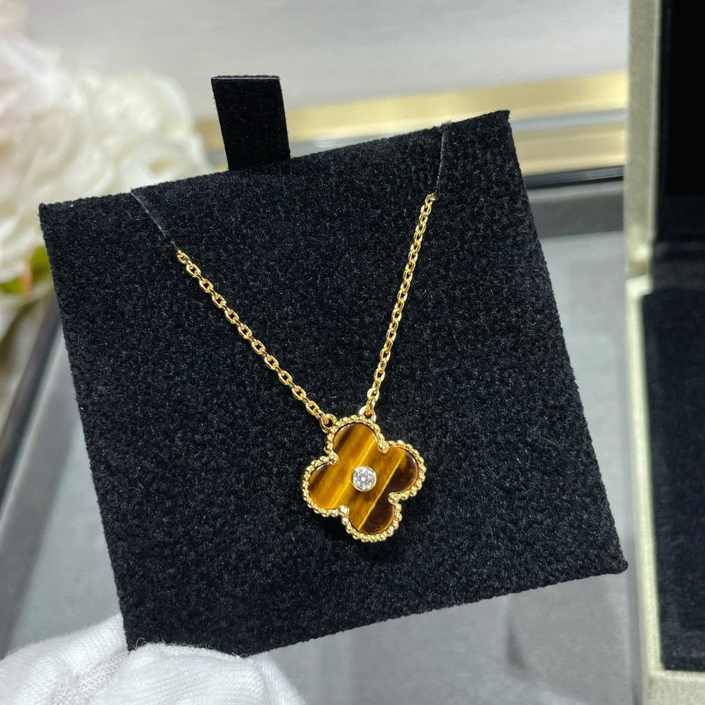 VCA CLOVER 15MM DIAMOND AND YELLOW TIGER'S EYE AGATE necklace