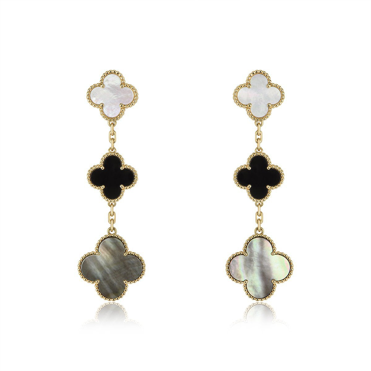 VCA CLOVER EARRINGS GOLD ONYX MOP 3 MOTIF